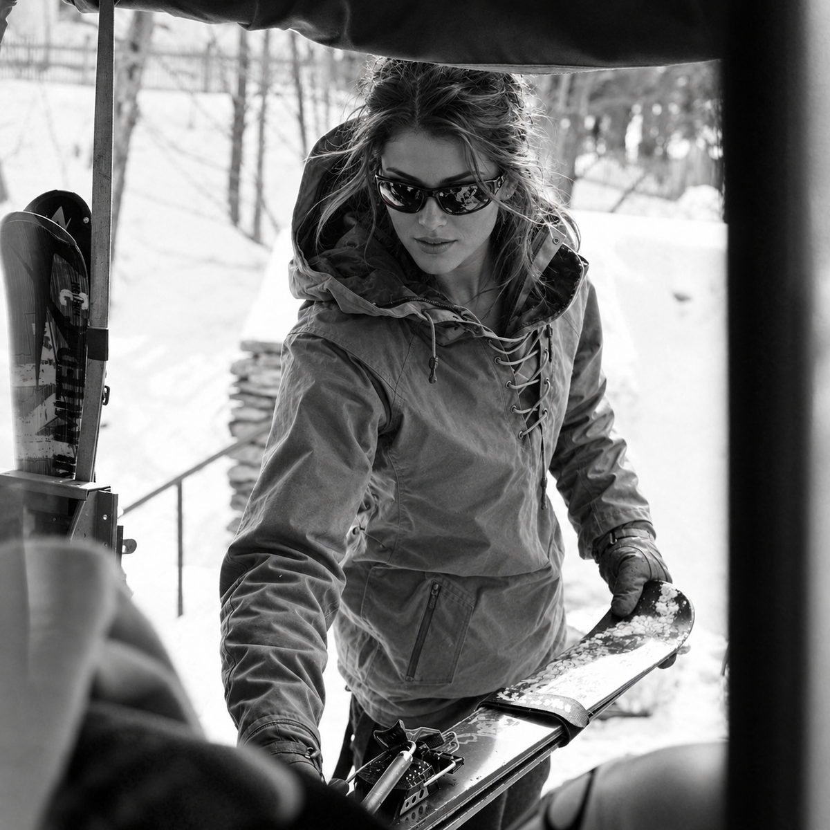 A woman wearing an anorak jacket while she is outside