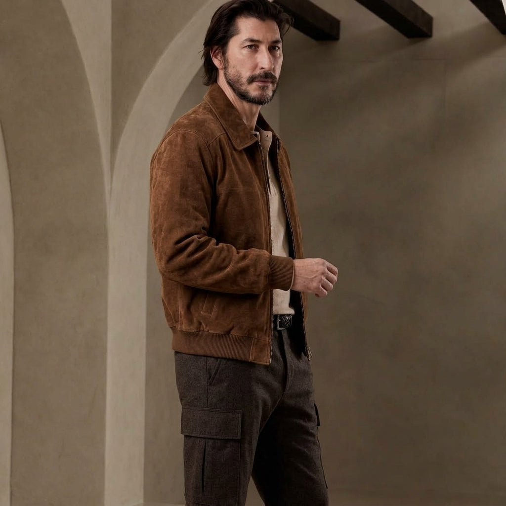A man wearing a brown suede jacket over a cream shirt and dark cargo pants, standing in a rustic interior with beige arches and dark wooden beams.