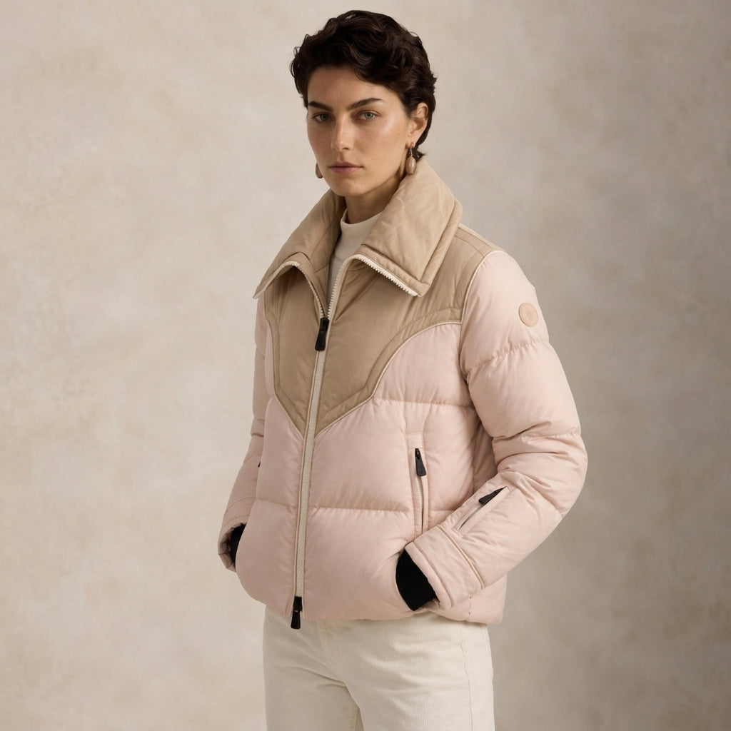 a woman wearing Quilted Ski Jacket in beige color