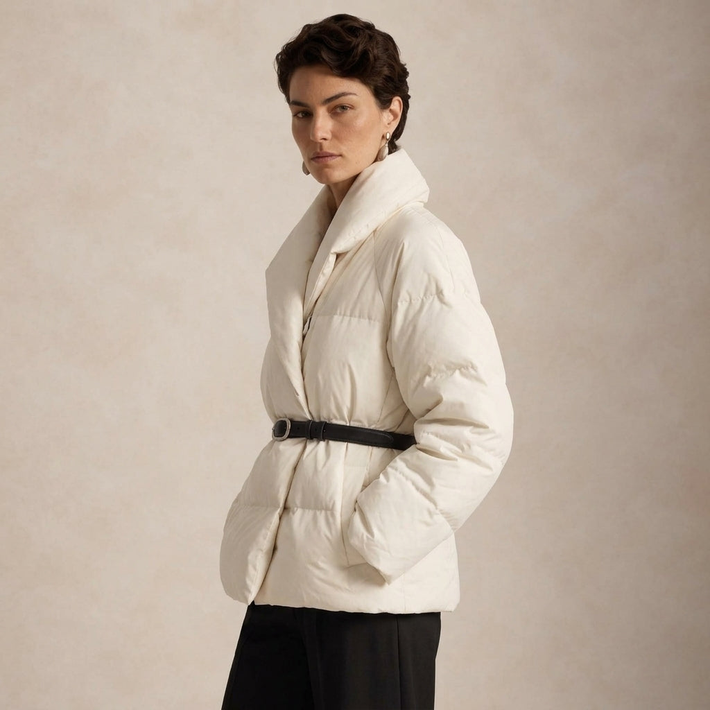 A model wearing a Quilted White Jacket with a wide collar and a black belt, paired with black trousers, set against a textured beige studio background.