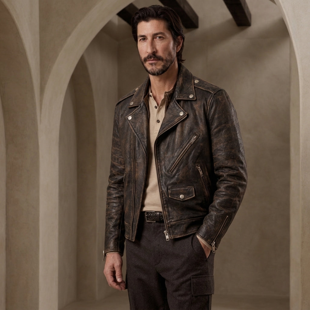 A man wearing a vintage biker leather jacket over a beige shirt and dark pants, standing in a stone archway corridor.