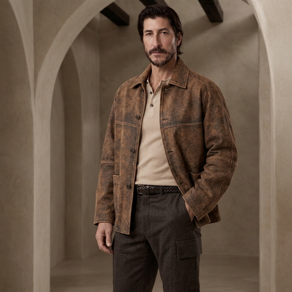 A man wearing a distressed brown leather jacket over a beige polo shirt and dark gray cargo pants, standing in a stone archway corridor.