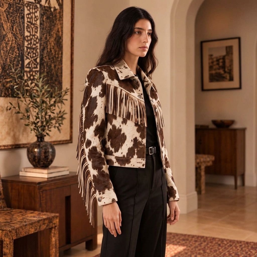 A woman wearing a brown and cream Cowhide Fringe Jacket, black pants, and a black top, standing in a warm, elegant room with wooden furniture and framed art.