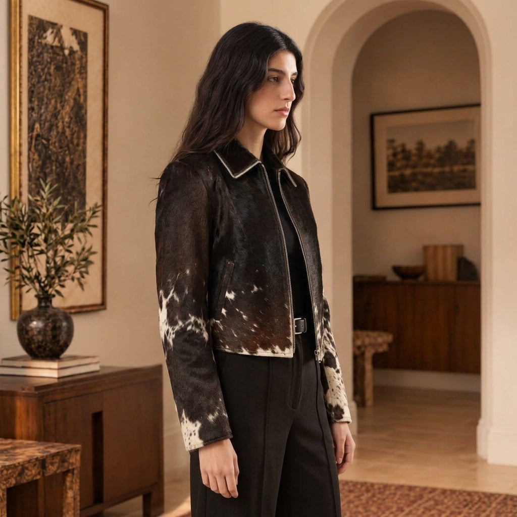 A woman stands in a warmly lit interior wearing a cropped brown leather jacket with white cowhide-style patches and a matching belt, paired with black trousers.