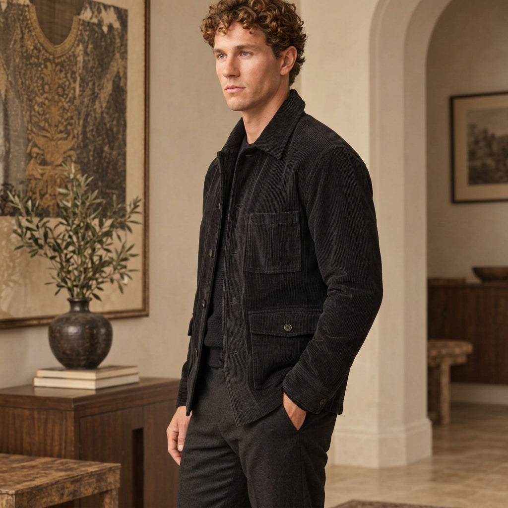 A man wearing a black corduroy utility jacket over a black shirt and dark trousers, standing in a warm, neutral-toned interior room with framed art and a wooden sideboard.