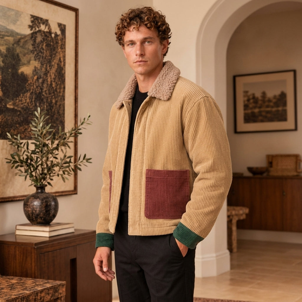A man wearing a beige corduroy jacket with a sherpa collar, burgundy front pocket, and green ribbed cuffs, standing in a warm, traditional interior room.