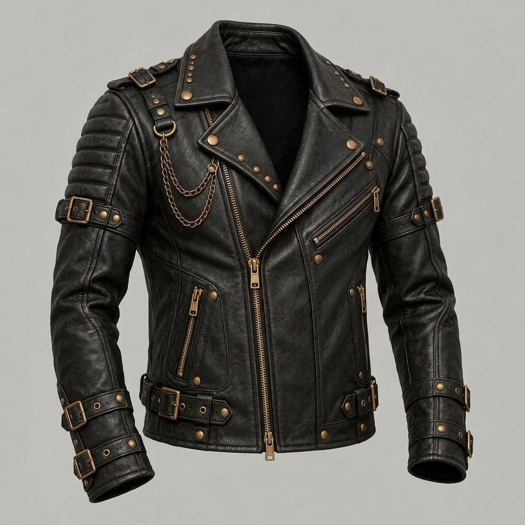 A black leather biker jacket with bronze hardware, featuring a snap collar, asymmetrical zipper, chain detail, and multiple buckle straps on the sleeves and waist, shown against a solid gray background.