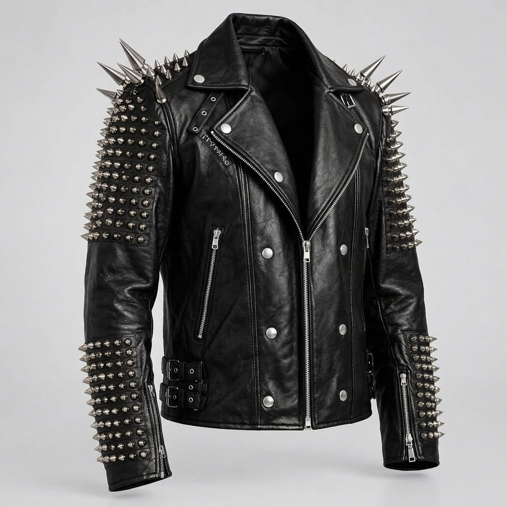 Black leather motorcycle jacket with prominent silver metal spikes on the shoulders and sleeves, silver snap buttons, and zippered pockets, shown against a light gray background.