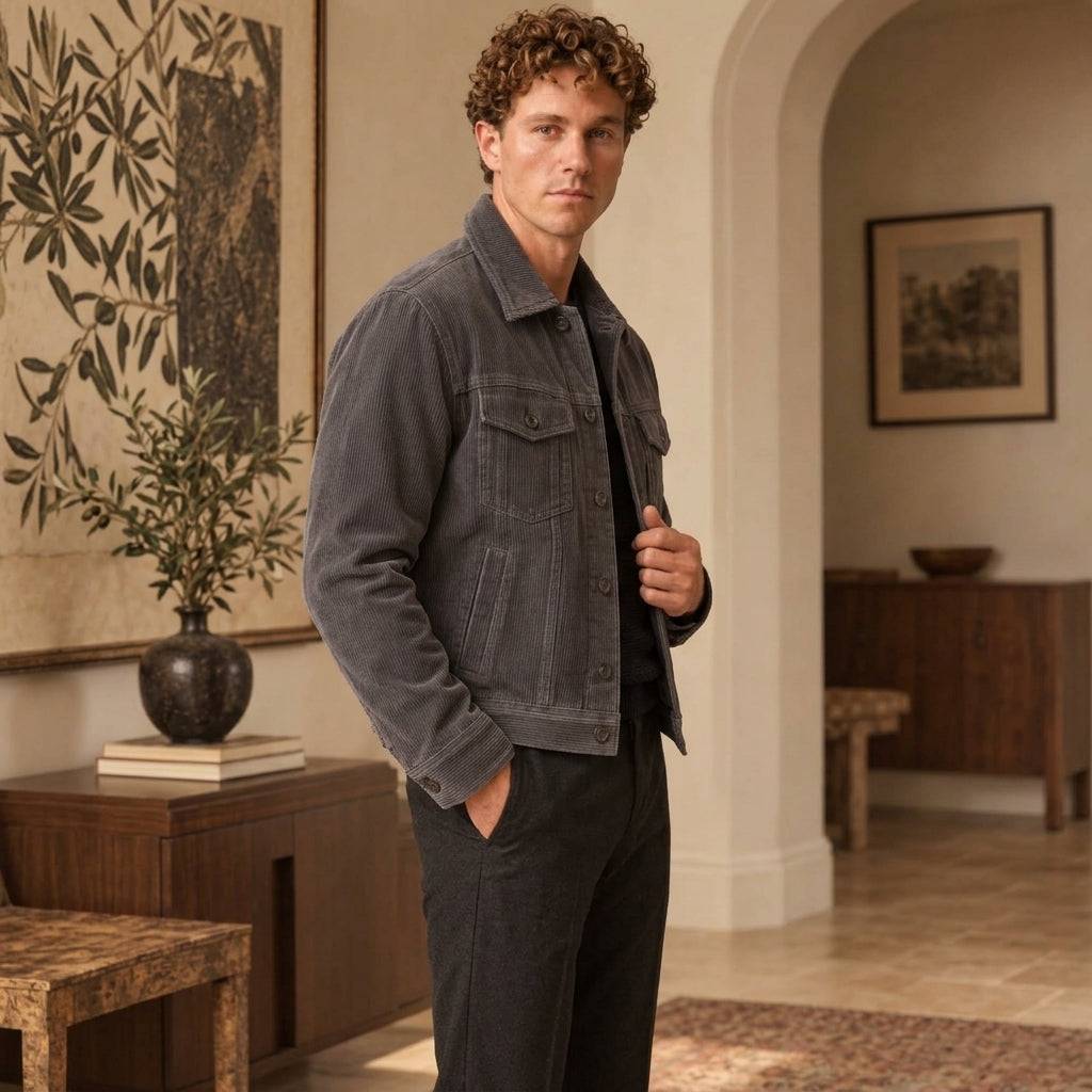 A man wearing a dark charcoal gray corduroy jacket over a black shirt and dark trousers, standing in a warm, neutral-toned interior room with arched doorways and framed art.