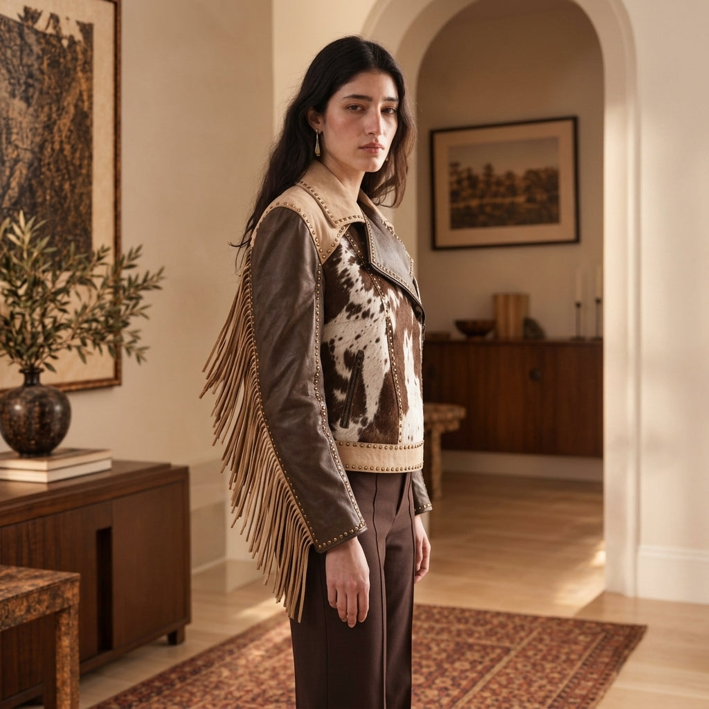 side view of a woman wearing Western Cowhide Jacket with real cowhide hair and studs