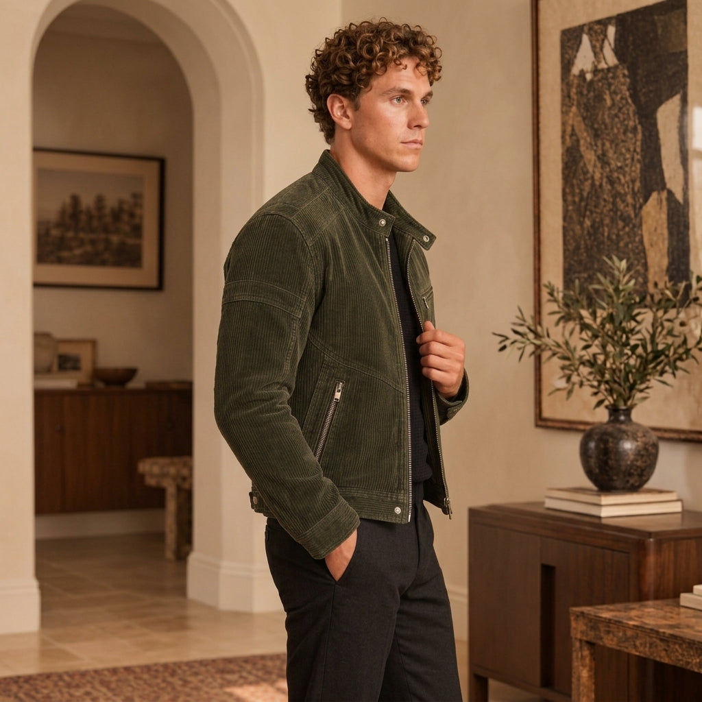 A man wearing an olive green corduroy jacket over a black shirt and black pants, standing in a warm, elegant interior hallway with framed art and a wooden console table.