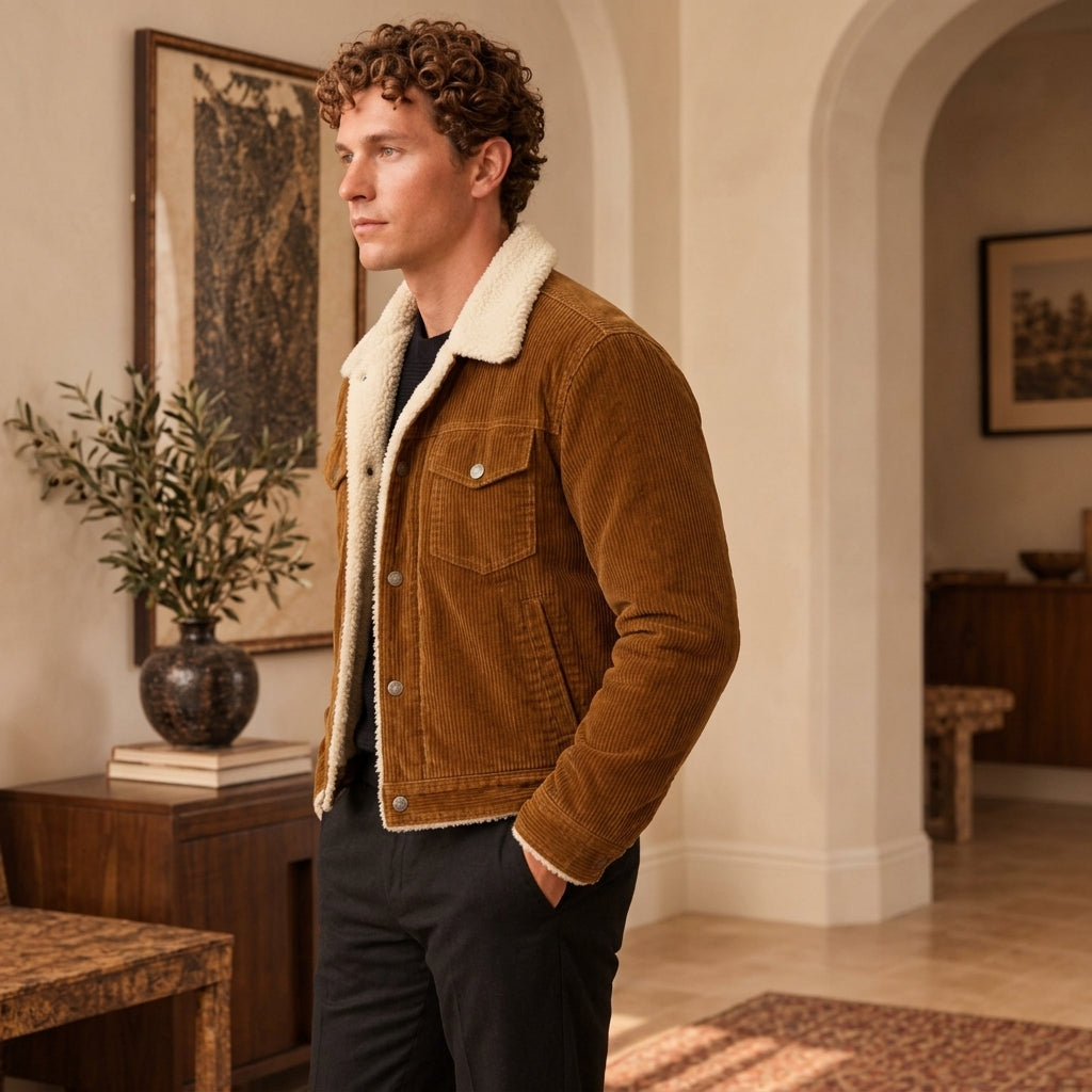 A man wearing a brown corduroy jacket with a cream sherpa collar, standing in a warm, neutral-toned indoor room with arched doorways and framed wall art.