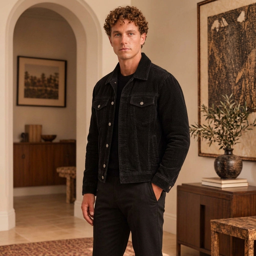 A man wearing a Black Corduroy Trucker Jacket over a black shirt and black pants, standing in a warm, neutral-toned interior room with an arched doorway, framed art, and wooden furniture.
