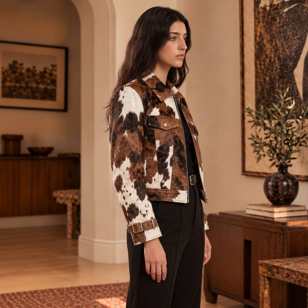 A woman stands in a warm, elegant interior wearing a cropped Cowhide Trucker Jacket with brown and white spots over a black outfit. The jacket features a pointed collar, button front, chest pockets, and rolled cuffs with matching brown leather-like trim.