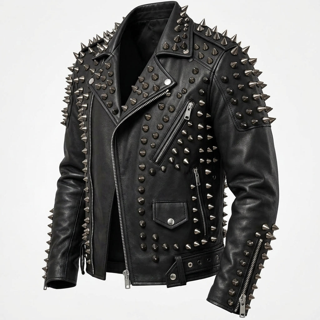 A black leather motorcycle jacket heavily embellished with silver-toned metal spikes and studs, shown against a plain white background.