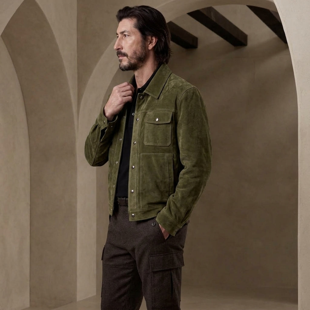 a man posing while wearing a Green Suede Trucker Jacket over a black shirt and cargo