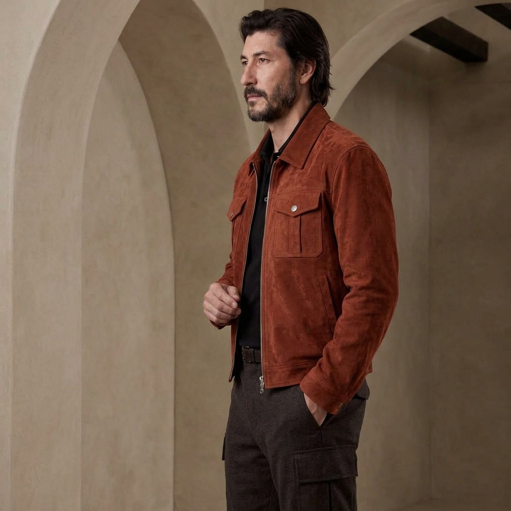 A man wearing a rust-brown suede jacket over a black shirt and dark cargo pants, standing in a stone archway corridor.