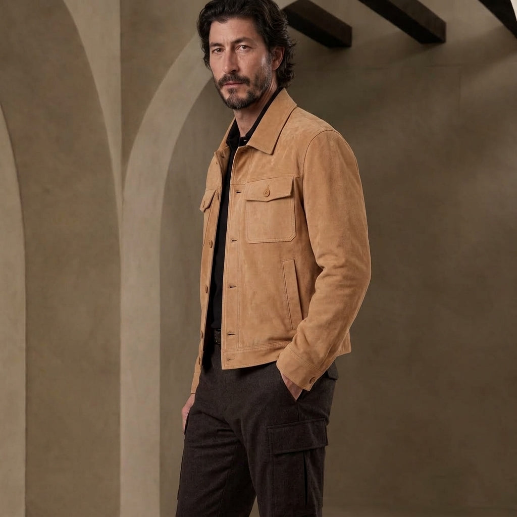 A man wearing a Caramel Suede Jacket over a black shirt and dark cargo pants, standing in a rustic interior with beige arches and dark wooden beams.