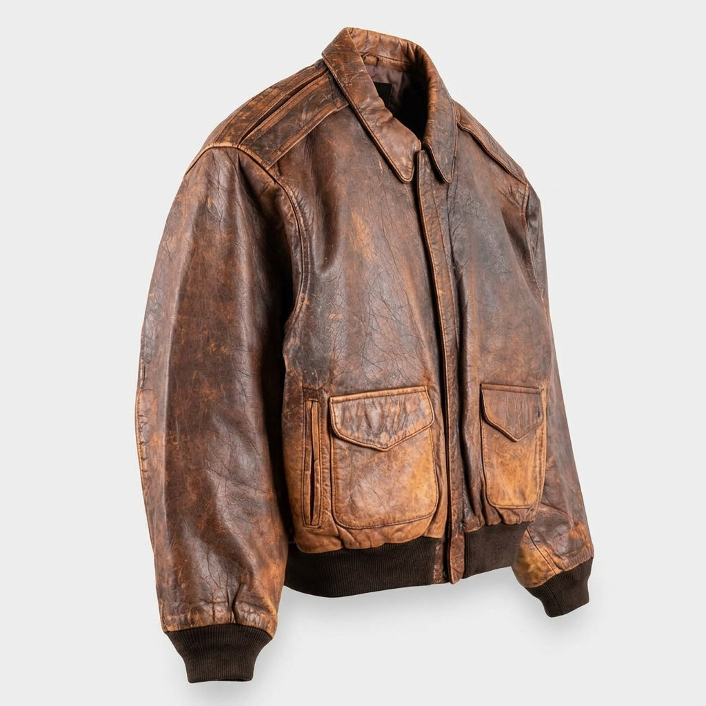 A distressed brown leather jacket with a rugged, weathered texture, featuring a pointed collar, front zipper, and two large flap pockets on the chest, shown against a light gray background.