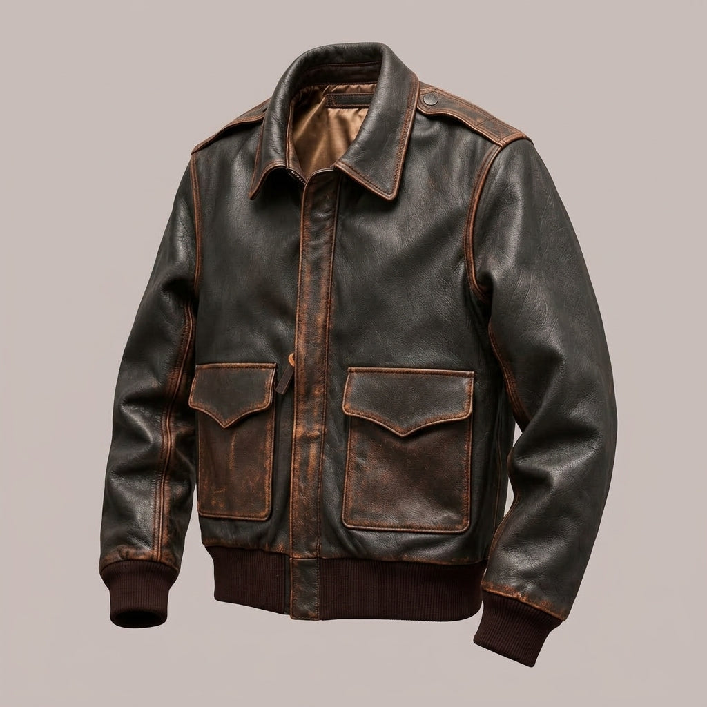 A dark brown distressed leather jacket with contrasting medium brown panels on the chest, pockets, and shoulders, featuring a ribbed knit collar, cuffs, and hem, shown against a solid light gray background.