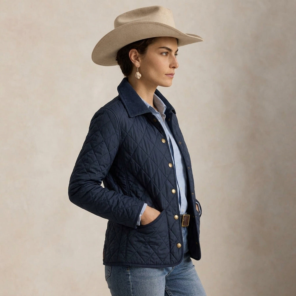 A woman wearing a navy blue quilted jacket, a light blue button-up shirt, blue jeans, and a beige cowboy hat, shown in profile against a textured beige studio background.