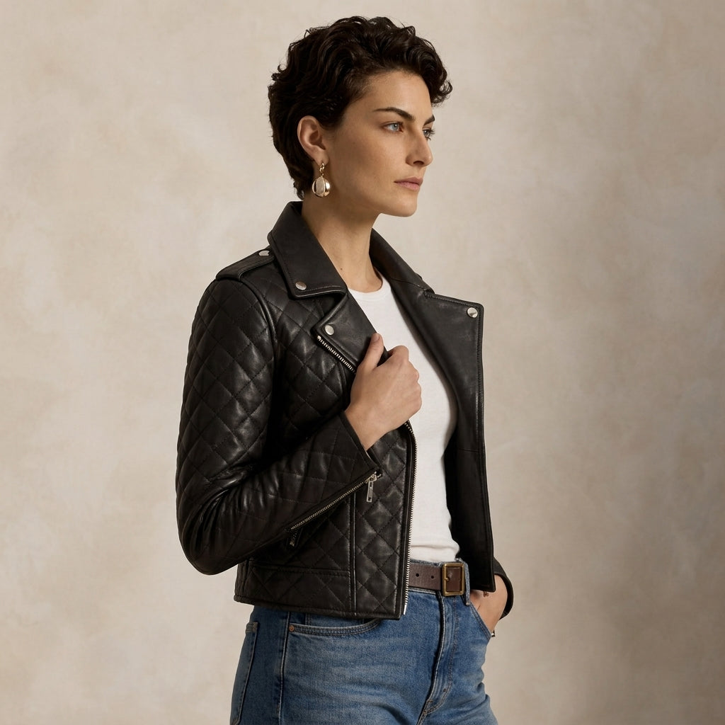 Quilted Moto Jacket for Women in Black Leather
