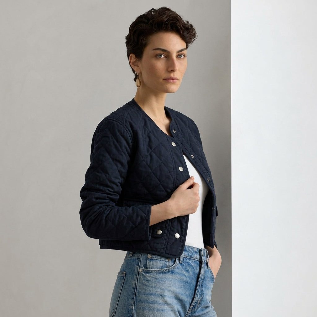 A woman wearing a dark navy quilted cropped jacket over a white top and blue jeans, standing against a minimalist light gray wall.