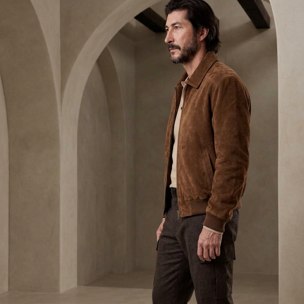 A man wearing a brown suede jacket over a cream shirt and dark trousers, standing in a stone archway corridor.