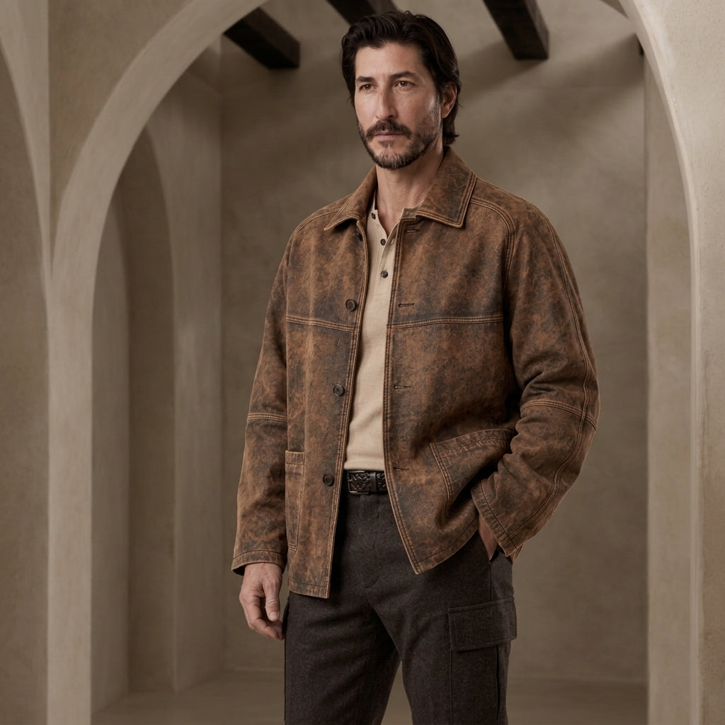 A man wearing a Vintage Oversized Leather Jacket over a beige shirt and dark trousers, standing in a rustic stone archway setting.