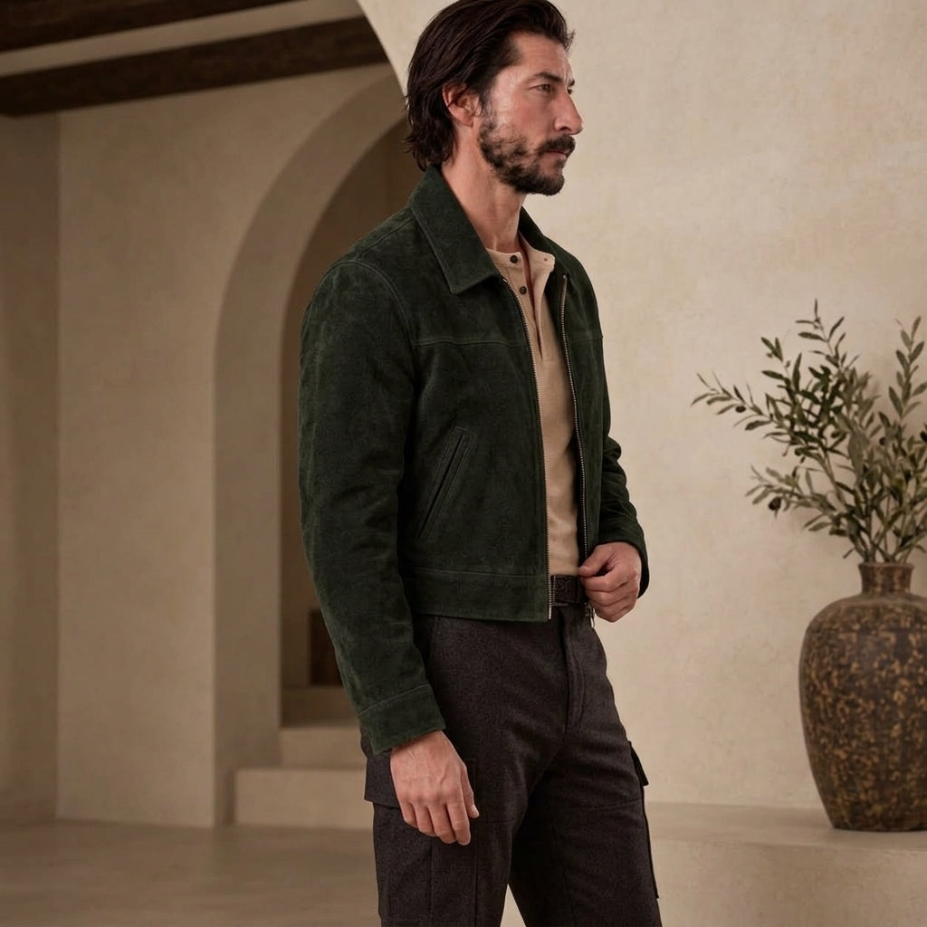 A man wearing a dark green suede jacket over a beige shirt and dark trousers, standing in a warm, neutral-toned interior with an archway and a large vase of branches.
