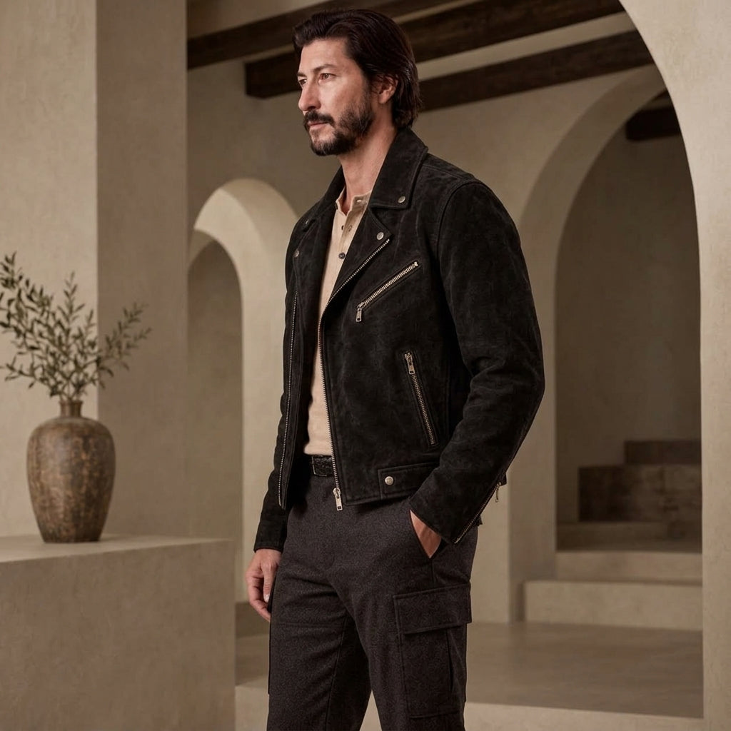a model wearing Black Suede Leather Jacket