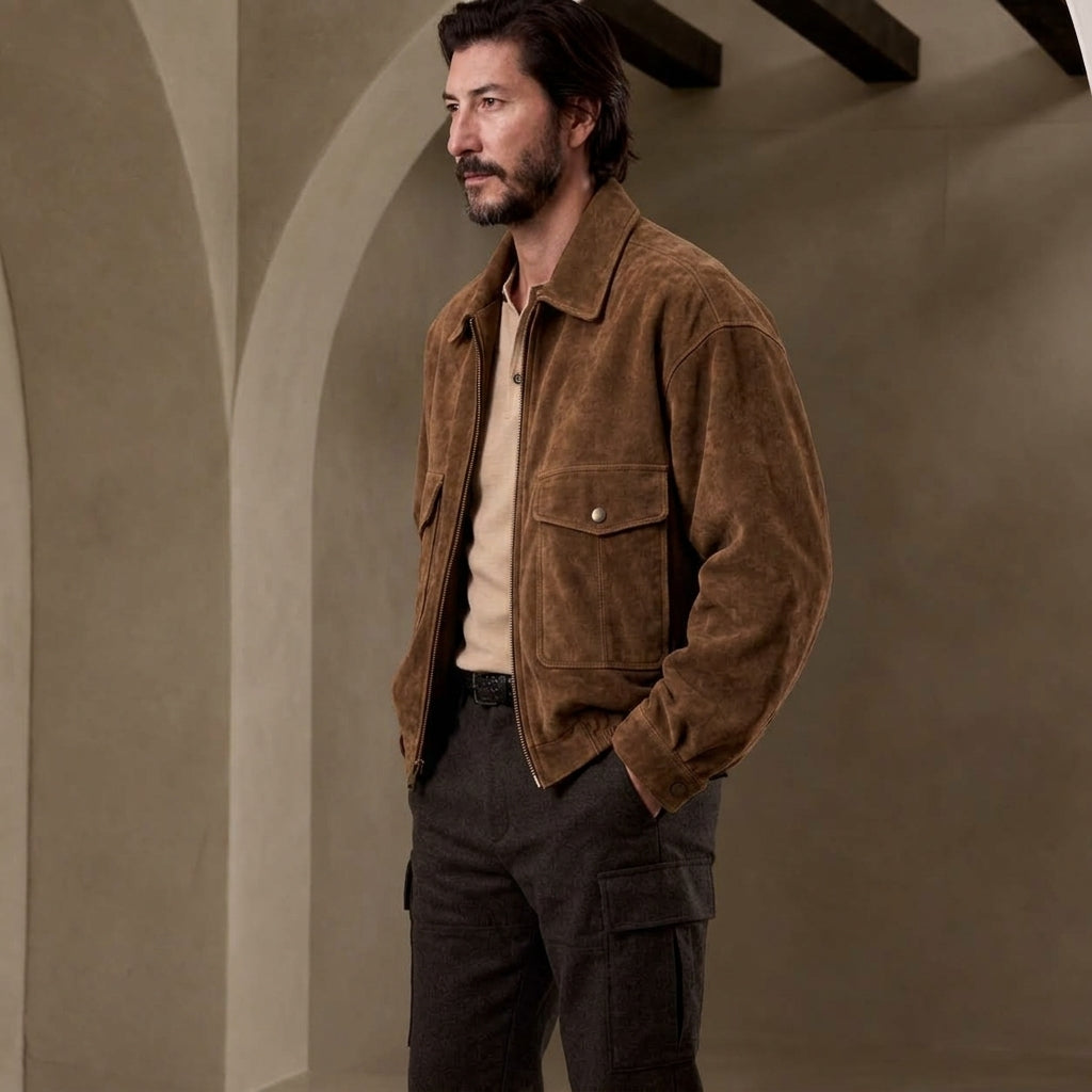 A model wearing Oversized Suede Jacket with dark cargo