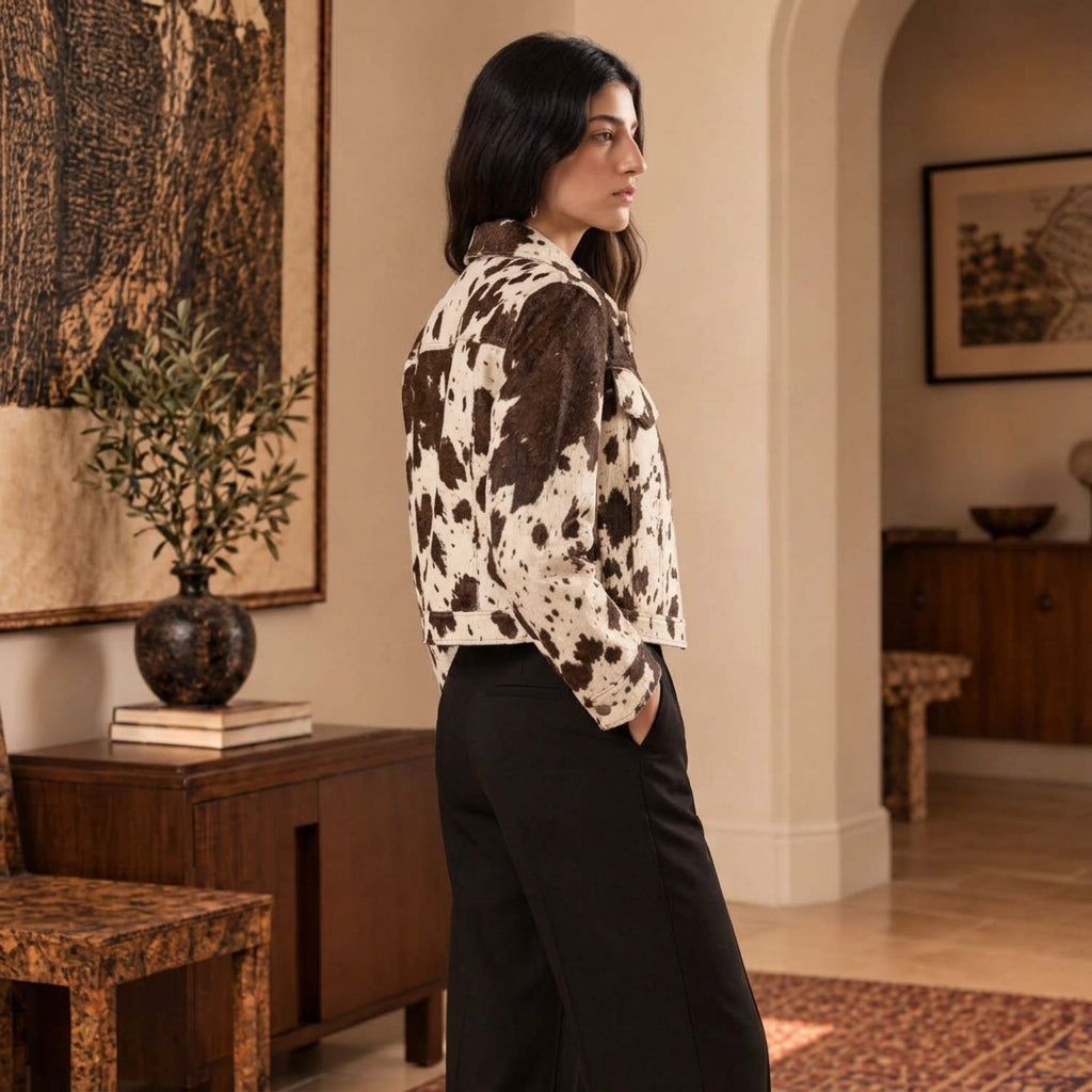 A woman stands in profile wearing a cropped Hair On Hide Jacket, paired with black wide-leg pants, in a warm, modern interior room.
