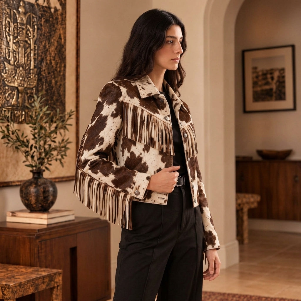 A woman wearing a brown and cream Cowhide Fringe Jacket over a black top and black trousers, standing in a warm-toned interior room with wood furniture and framed wall art.