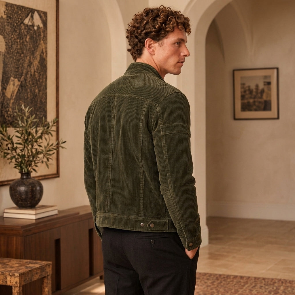 A man wearing an olive green Corduroy Moto Jacket and black trousers, standing in a warm, neutral-toned interior room with arched walls and framed art.