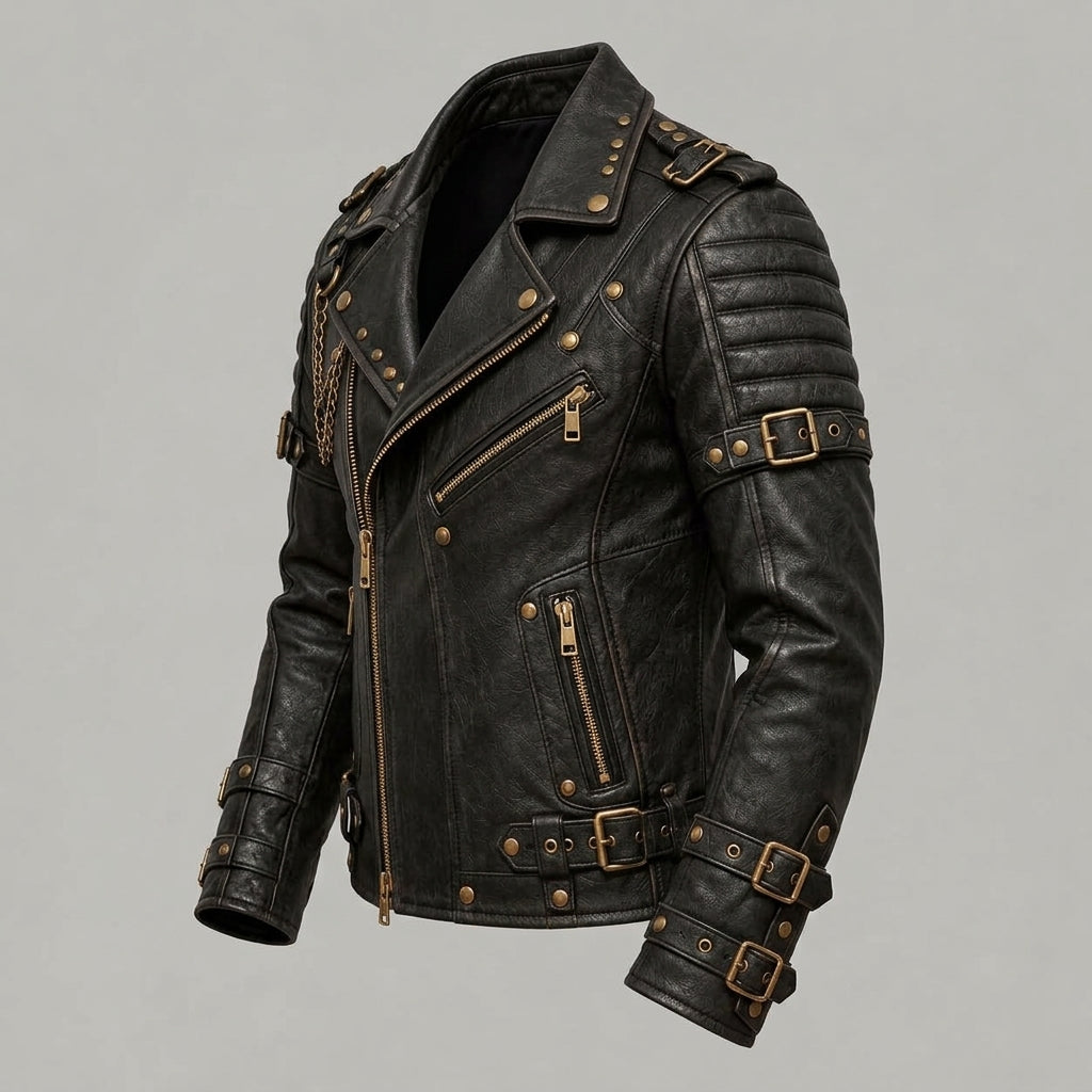 A black distressed leather biker jacket with bronze hardware accents, including studs, buckles, and zipper pulls, shown on a neutral gray background.