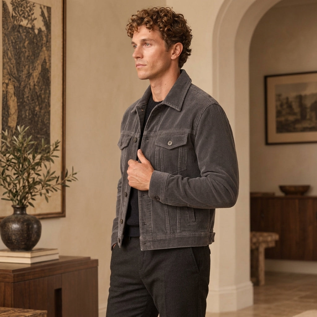 A man wearing a dark charcoal gray corduroy jacket over a black shirt and black pants, standing in a warm, neutral-toned interior room with framed art and a wooden sideboard.