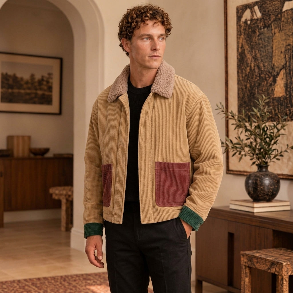 A man wearing a Colorblock Corduroy Jacket with a sherpa collar and burgundy patch pockets, standing in a warm, rustic interior room.