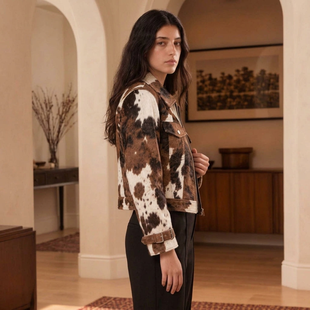 A woman stands in a warm, arched interior wearing a brown and white Cowhide Trucker Jacket over a white collared shirt and black pants.