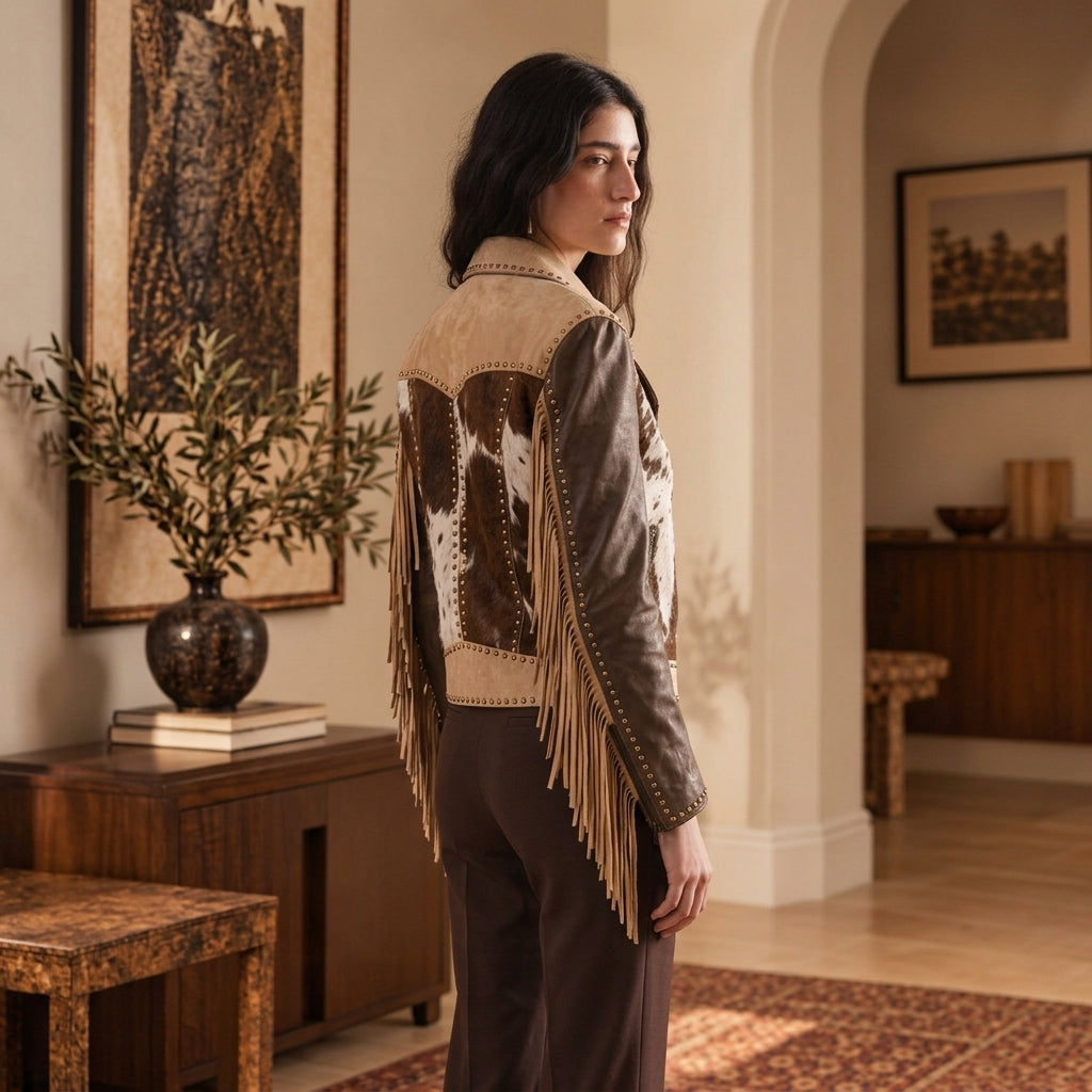 back view of a woman wearing Western Cowhide Jacket