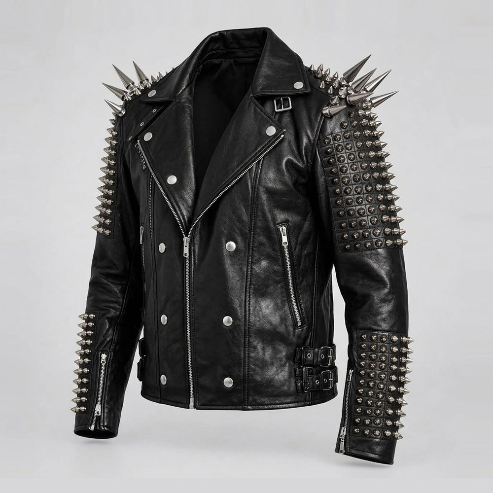 Black leather motorcycle jacket with silver metal spikes and studs on the shoulders, sleeves, and cuffs, shown against a light gray background.
