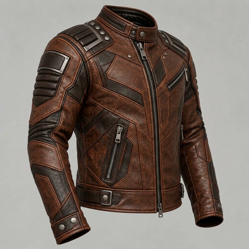 A brown Cyberpunk Jacket with dark brown paneling, silver zippers, and metal studs, shown on a neutral gray background.