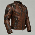 A brown Cyberpunk Jacket with dark brown paneling, silver zippers, and metal studs, shown on a neutral gray background.