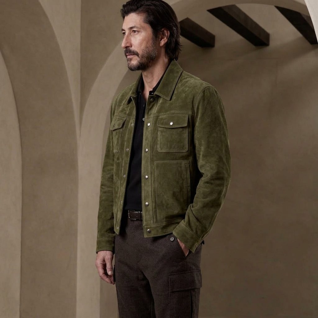A man wearing an olive green suede jacket over a black shirt and dark brown pants, standing in a rustic interior with beige arches.