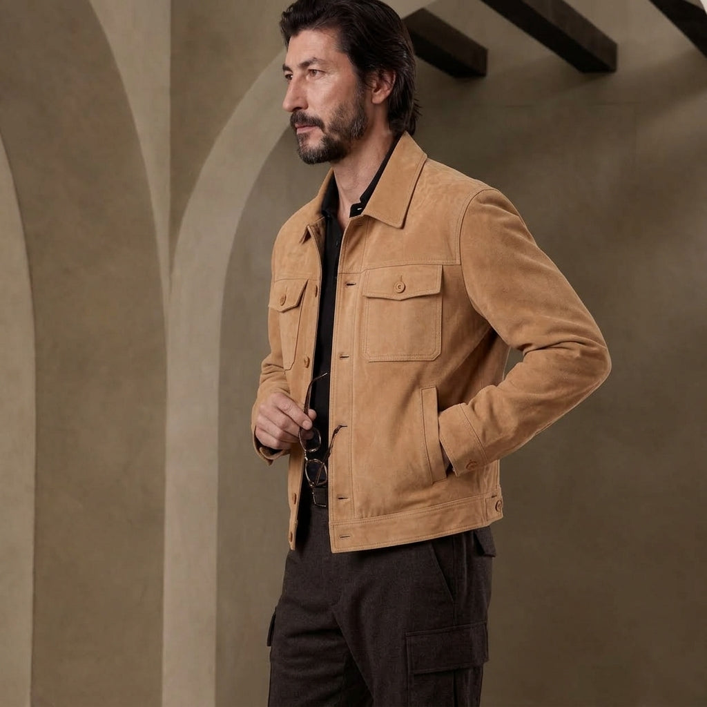 A man wearing a tan suede jacket over a black shirt and dark cargo pants, standing in a rustic interior with beige arches and dark wooden beams.