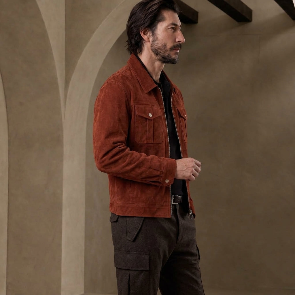 A man wearing a rust-orange suede jacket over a black shirt and dark cargo pants, standing in a rustic interior with beige arches.