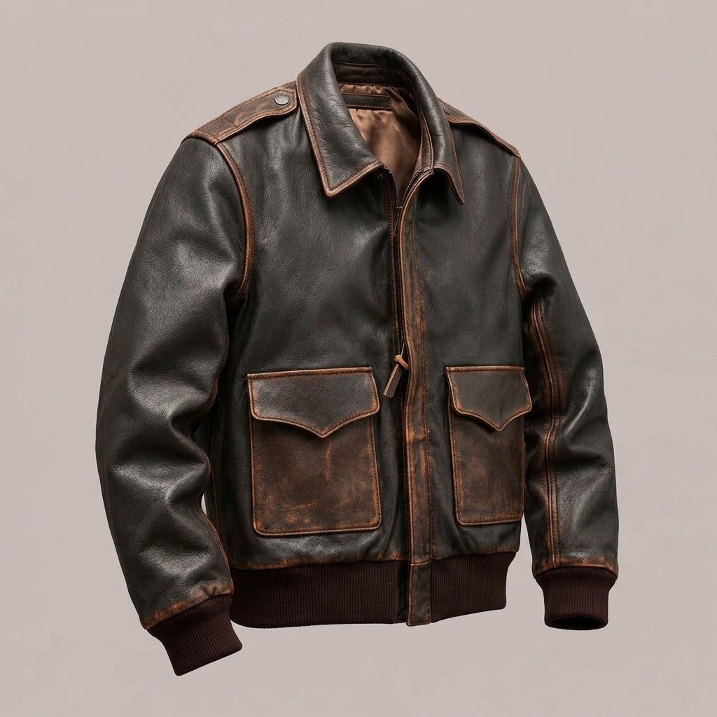A distressed brown leather aviator jacket with dark brown ribbed knit collar, cuffs, and hem, featuring two large front flap pockets and contrast stitching, shown on a neutral beige background.