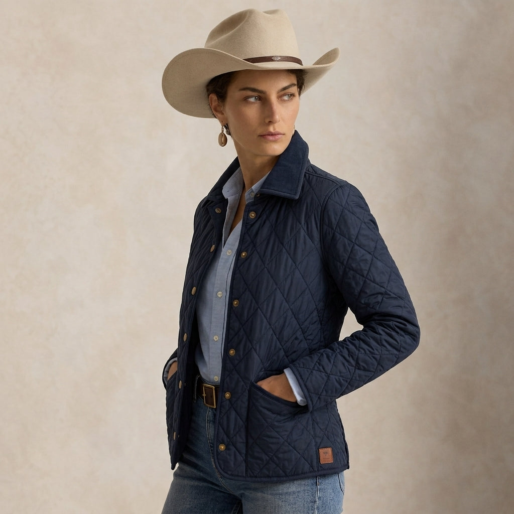 A woman wearing a navy blue diamond-Western Quilted Jacket, a light blue button-up shirt, blue jeans, and a beige cowboy hat, posed against a textured beige studio background.