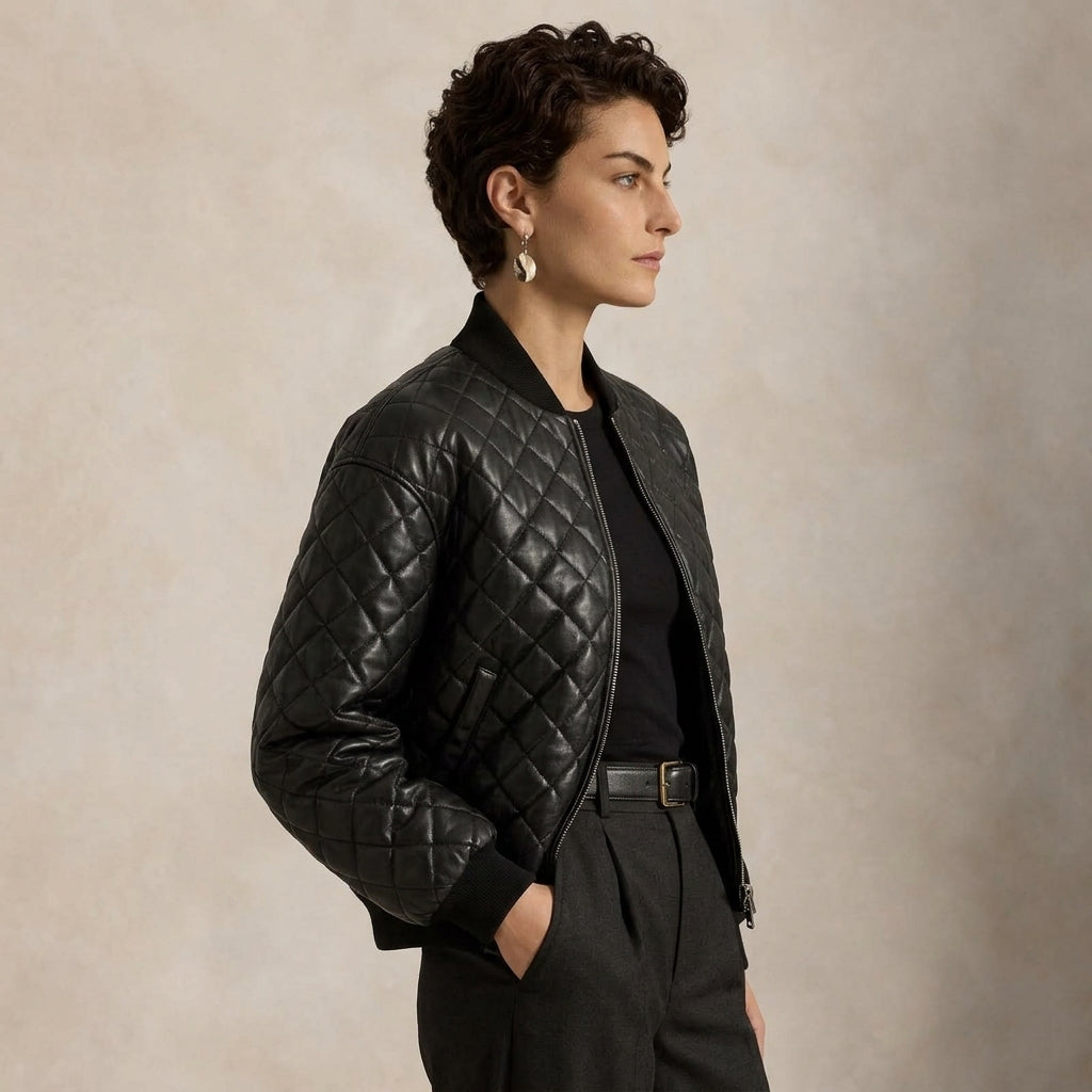 A woman in profile wearing a black quilted leather bomber jacket over a black top and dark trousers, standing against a warm beige textured studio background.