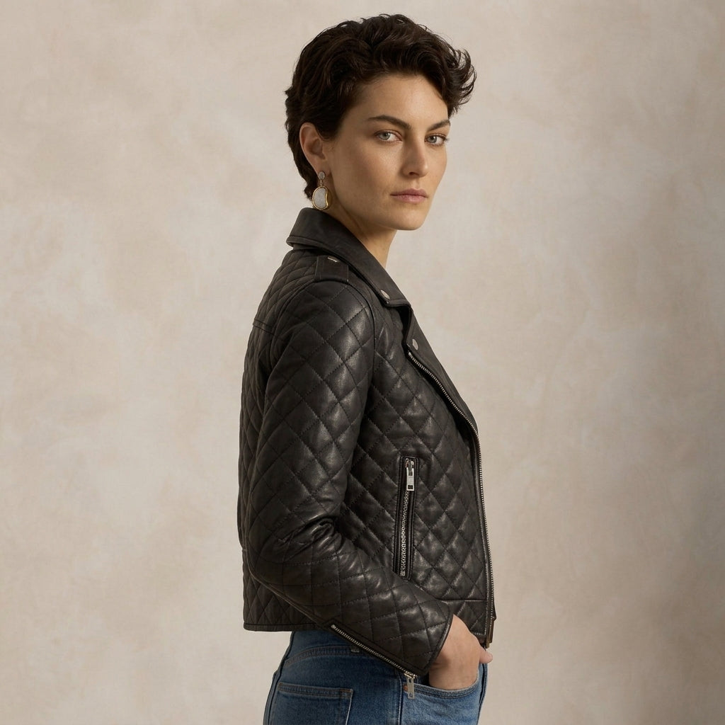 Quilted Moto Jacket for Women in Black Leather